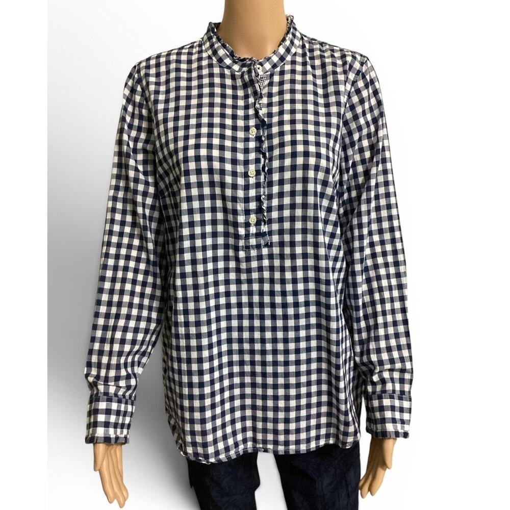 Talbots Navy White Gingham Ruffle Trim Popover Blouse Long Sleeve Cotton sz M